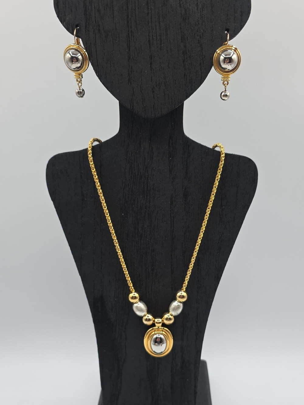 Liz Claiborne Two-Tone Gold and Silver Pendant Necklace with Drop Earrings